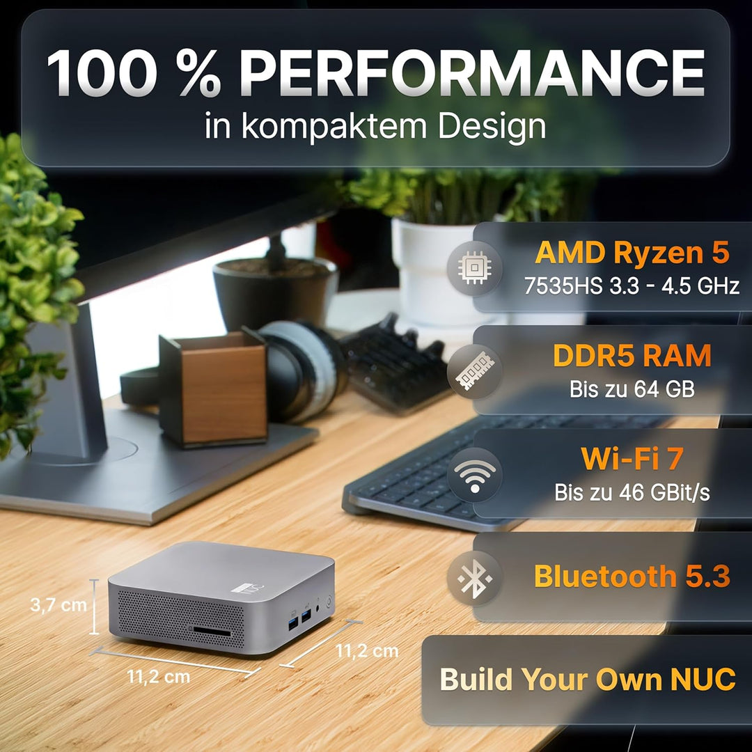 FutureNUC AMD Ryzen® R5-7535HS Mini PC • 8 Kerne, bis zu 4,8GHz • 16GB DDR5 RAM, 512GB SSD • WiFi 7,