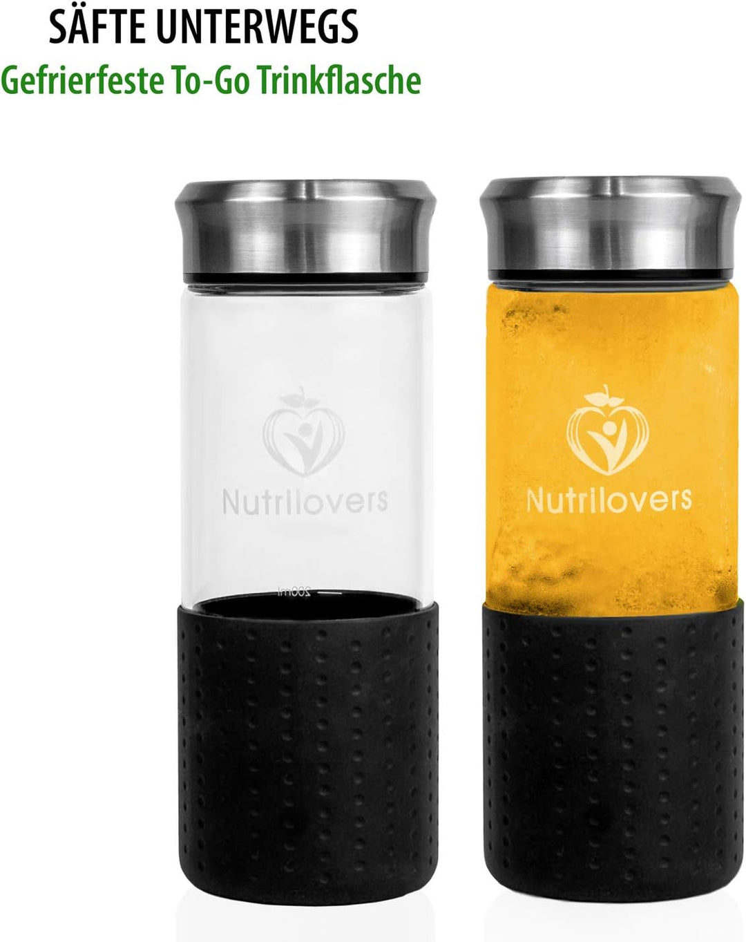 Nutrilovers Slow Juice Saft Glasflasche to go - Gefrierfeste Glas Trinkflasche aus robustem Borosili