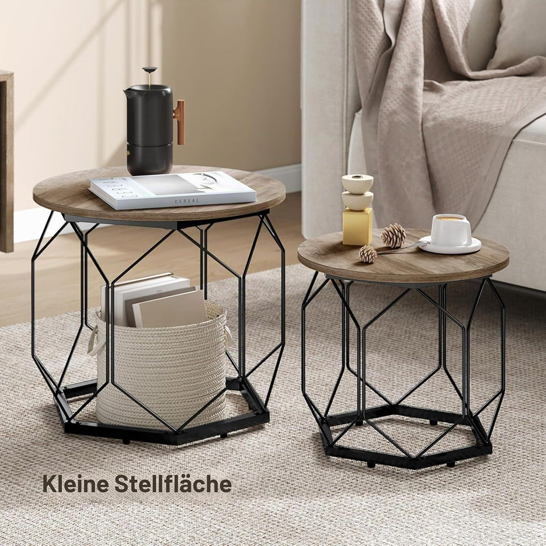 WOLTU 2er Set Couchtisch, Beistelltisch mit runder Tischplatte, Sofatisch mit hohlem Metallrahmen, W