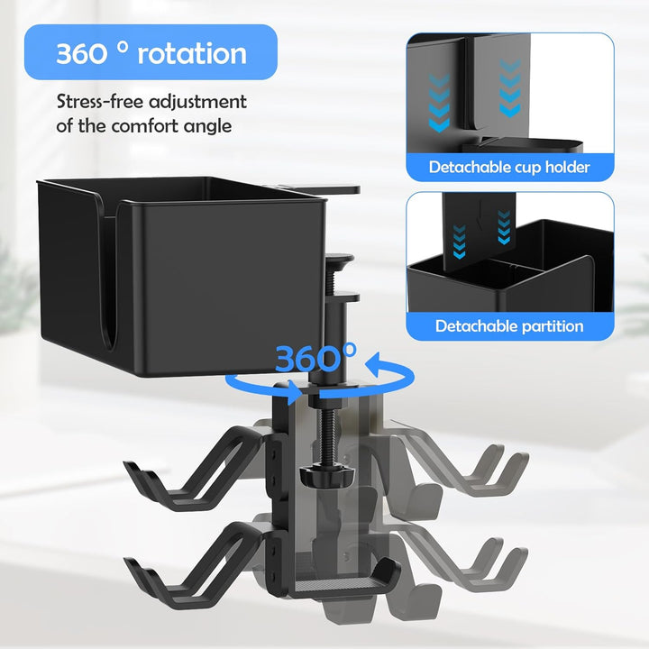 5 in 1 Getränkehalter Tisch, Kopfhörer Halter unter Schreibtisch, Headset Halterung, 360° Drehbarer