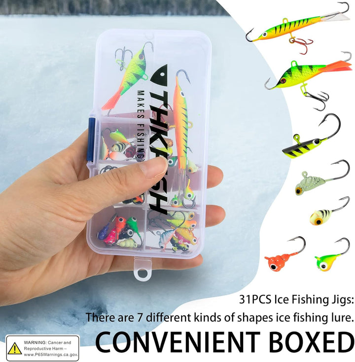 thkfish 31 Stück/50 Stück/Box Eisfischen Jigs Kopf Köder Angelhaken Kit für Winter Angeln Jiggen Zan