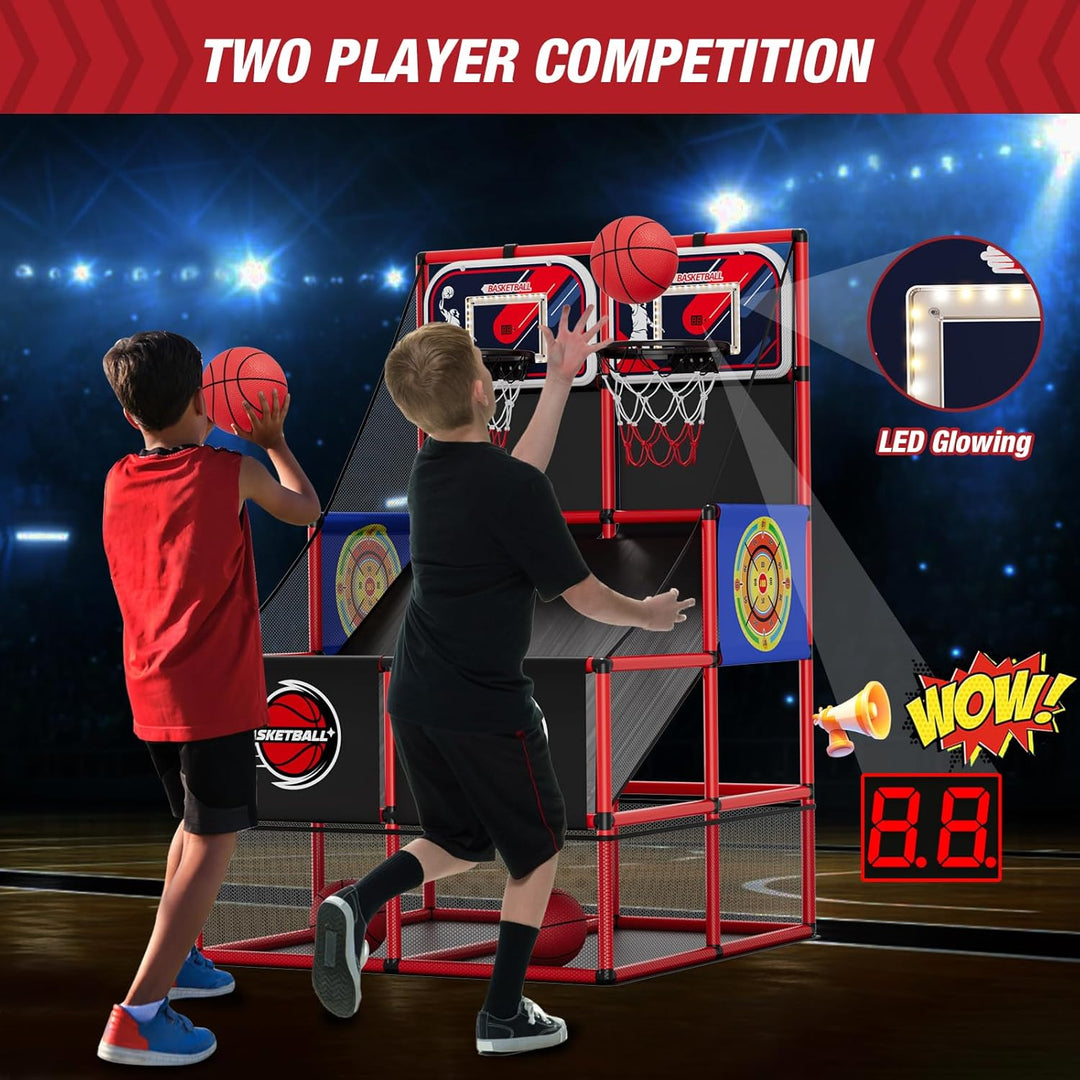 HYES 3 in 1 Dual Shot Basketball Arcade Spiel mit 2 Dart Boards/Elektronische Anzeigetafel/LED Licht