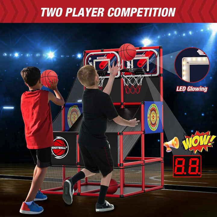 HYES 3 in 1 Dual Shot Basketball Arcade Spiel mit 2 Dart Boards/Elektronische Anzeigetafel/LED Licht