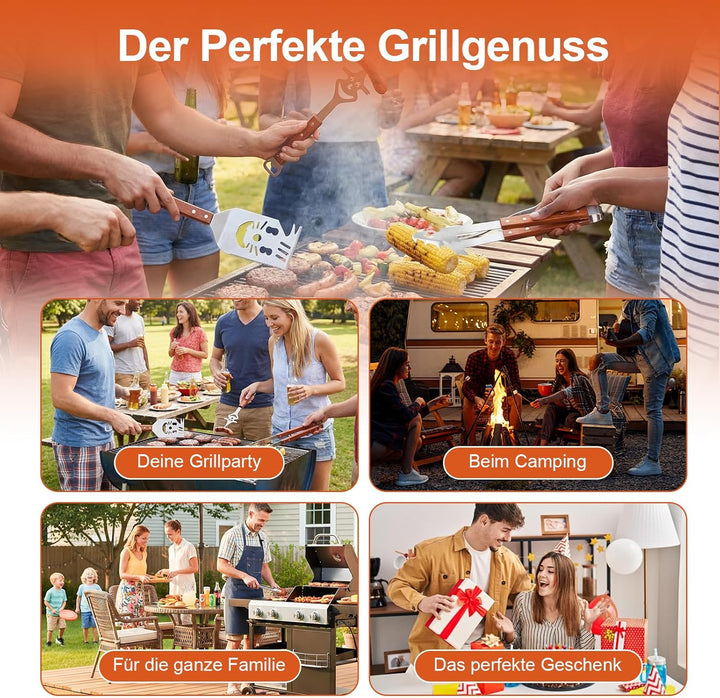 Grillbesteck Set 3-TLG, 8 in 1 BBQ Grillspachtel mit Holzgriff, EdelstahI, 42 * 9.5cm Einzigartige G