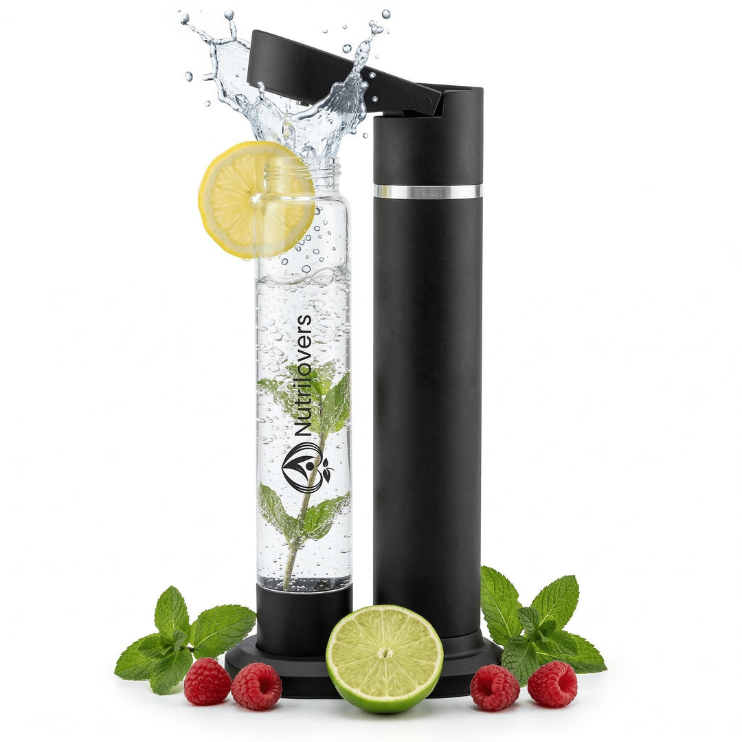 Nutrilovers Wassersprudler 2.0 Edelstahl, Designer Flasche (38 CM hoch), PET-Flasche, BPA-frei, pate