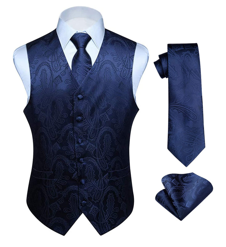 HISDERN Herren FLoral Hochzeit Weste Krawatte Einstecktuch Taschentuch Jacquard Weste Anzug Set XL N