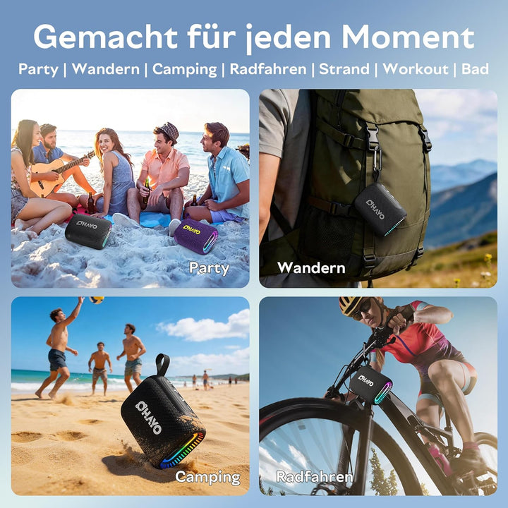 OHAYO Bluetooth Lautsprecher Klein mit RGB Licht, Musikbox Bluetooth 5.3 mit IPX7 Wasserdicht, 24H A