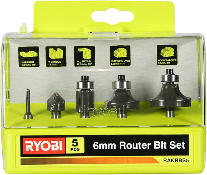 Ryobi 5132003828 Fräsersatz 5-teilig, für Kantenfräse und Oberfräse, Nutfräser, 1x Hohlkehlfräser, 2