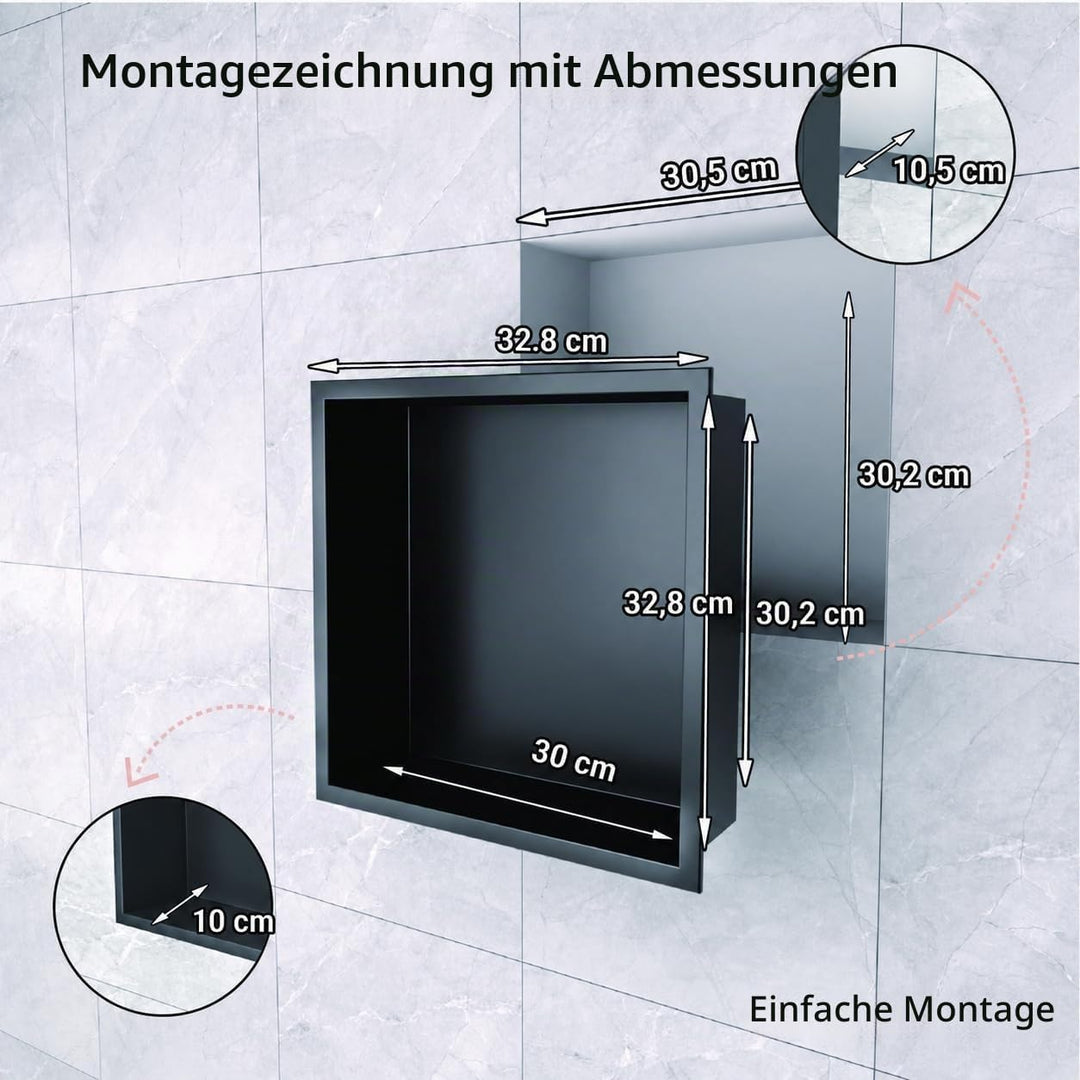 Wandmontierter Duschschrank Schwarz 30x30x10 cm Edelstahl-Duschablage mit unterputziger Basis, geeig