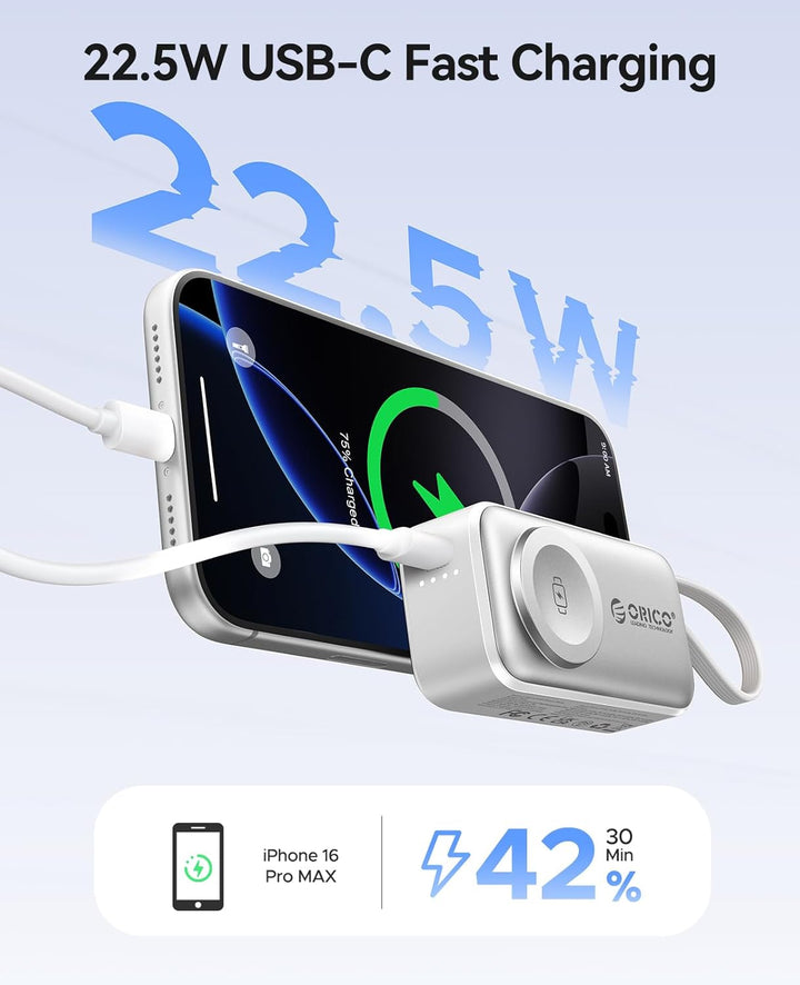 ORICO Mini Powerbank 5000mAh, PD 22,5W Externe Handyakkus mit Klappbarem USB-C Stecker &amp; USB-C Kabel