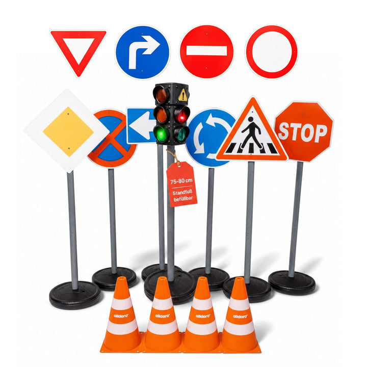 alldoro 60230 XXL-Verkehrsset mit Ampel, 10 Verkehrszeichen und 4 Pylonen für Kinder, zum Spielen un