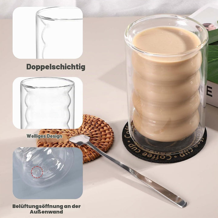 2er Set Latte Macchiato GläSer,350ML Doppelwandige GläSer mit 2 Löffeln und 2 Untersetzern, Thermogl