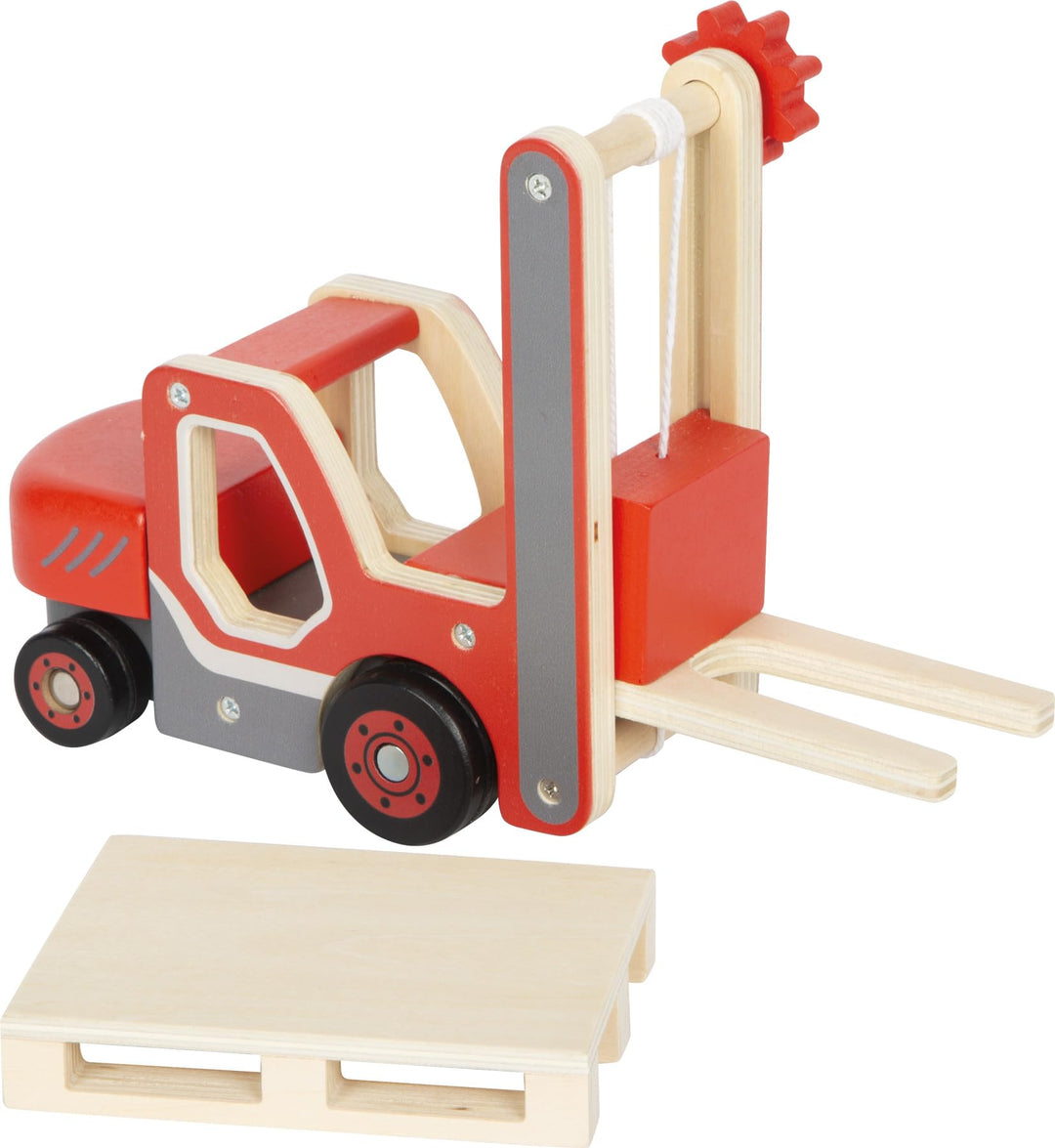 small Foot Gabelstapler mit Palette aus Holz, mit beweglicher Gabel und Seilwinde, Spielfahrzeug für
