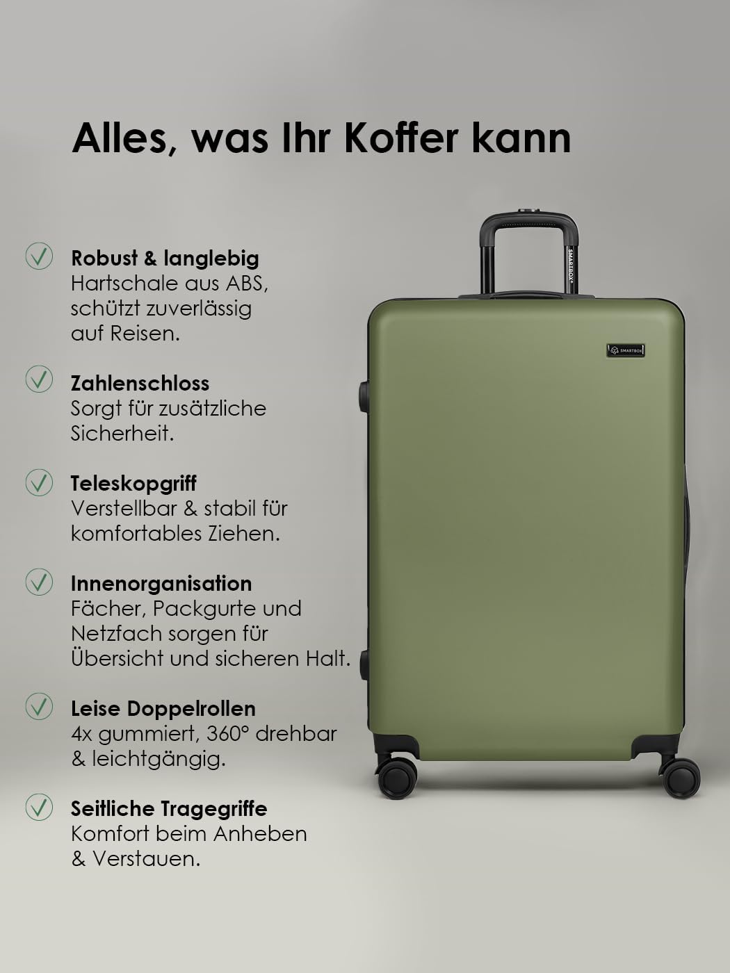 SMARTBOX Kofferset 3-teilig Hartschale ABS 4-Doppelrollen Olive Set, Olive Set