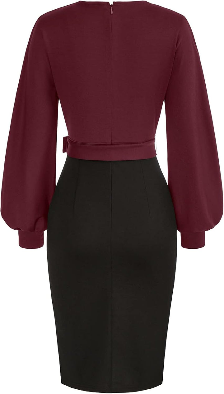 GRACE KARIN Damen Arbeit Bodycon Bleistiftkleid Langarm Hochzeit Gast Büro Kleider V-Ausschnitt Part