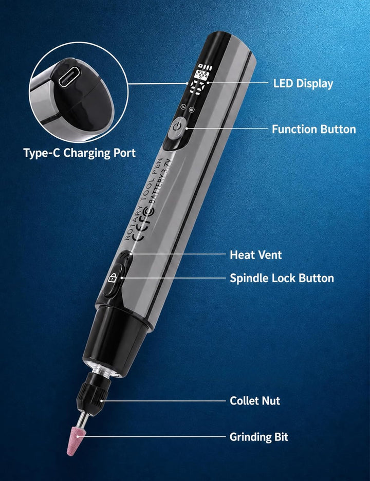Elektrischer Gravierstift mit LED Display, Gravierstift Set mit 16000 RPM Kabellos Wiederaufladbar m