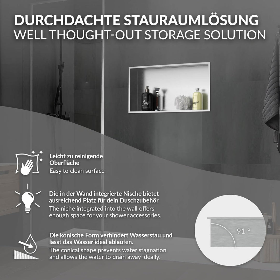 LuxeBath Wandnische aus Edelstahl, 60x30x10 cm, Silber, Duschnische mit Rahmen, Einbauregal, Flexibl