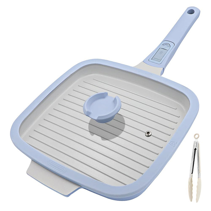 Keramik Grillpfanne 26 x 24 cm mit Deckel, Abnehmbarer Griff, Blau, Blau