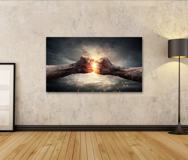 islandburner Bild auf Leinwand Zwei Fäuste Zusammenstoss Stürmischer Himmel Bilder Wandbilder Poster