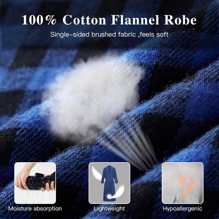 FashGudim Herren Buffalo-Karo 100% Baumwollflanell Bademantel mit Schalkragen Leichter, langer Morge