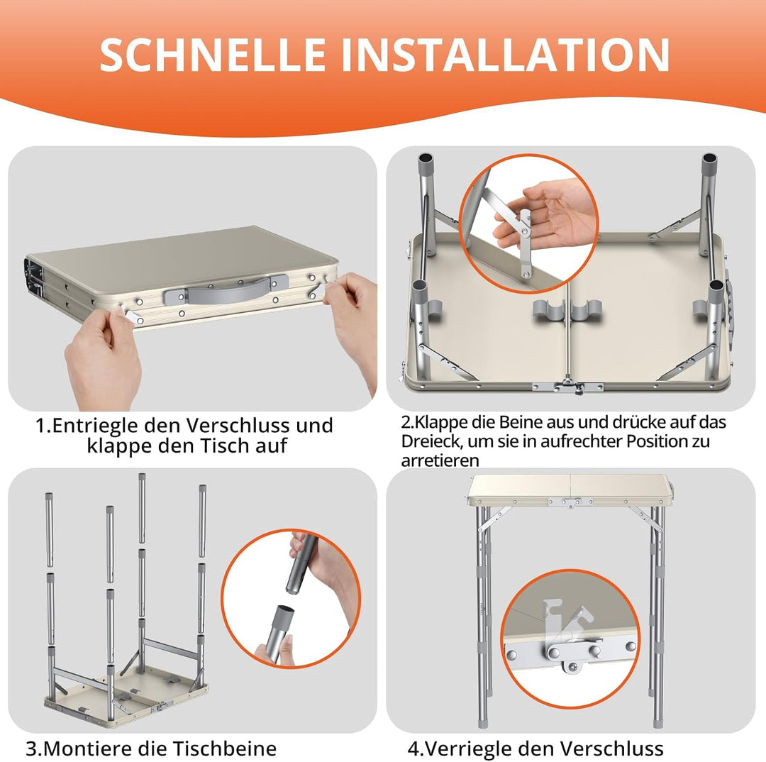 FUNYKICH Campingtisch Klappbar 58x40cm, Höhenverstellbar 26/48/70cm Weiss | Wasserdichter Kunststoff