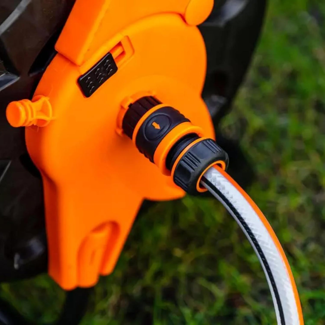 NEO TOOLS Schlauchtrommel bis 60 m Gartenschlauch (1/2") - Schwarz/Orange Schlauchhalter aus Hochwer