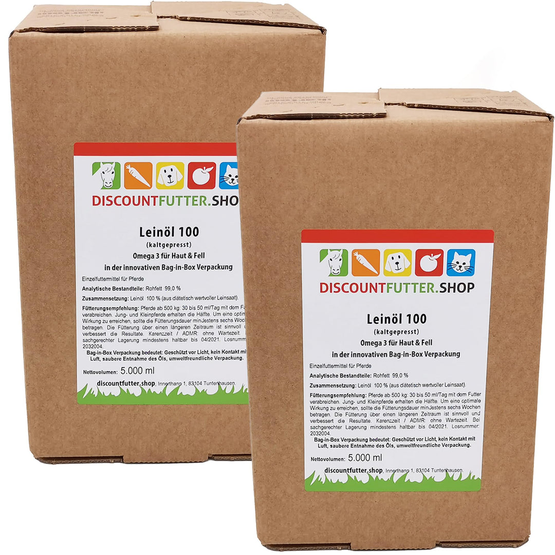 Leinöl 100 (2 x 5 Liter BiB) für Pferde | kaltgepresst | 70% weniger Verpackung (Plastik) | glänzend