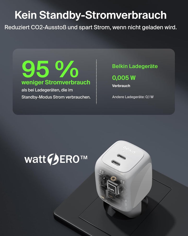 Belkin SmartProtect 2-Port USB C Ladegerät, 67W, GaN-Ladegerät, 2X USB-C, Schnellladen für Geräte wi