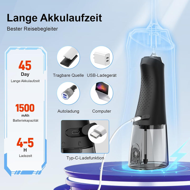 Munddusche Kabellose Testsieger 2026, 320ML Wassertank IPX7 Wasserdicht, USB-C-Schnellladefunktion,