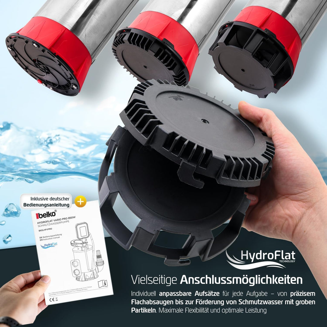 Belko® HydroFlat Vario Pro 850W – Flachsaugend bis 1 mm, 15.000 l/h, Edelstahlgehäuse, Schwimmerscha