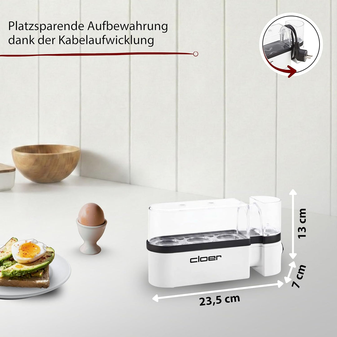 Cloer 6021 Eierkocher, bis zu 3 Eier, herausnehmbarer Eierträger, Servierfunktion, 300 Watt, Kunstst