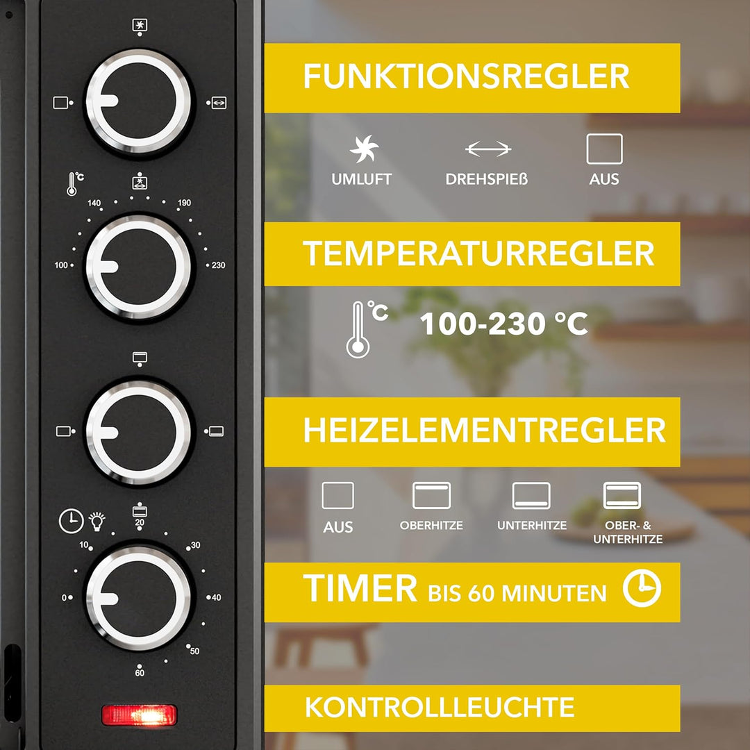 Heinrich´s Minibackofen mit Umluft 60L - Backofen klein mit Drehspiess, Airfryer-Einsatz inkl. Timer