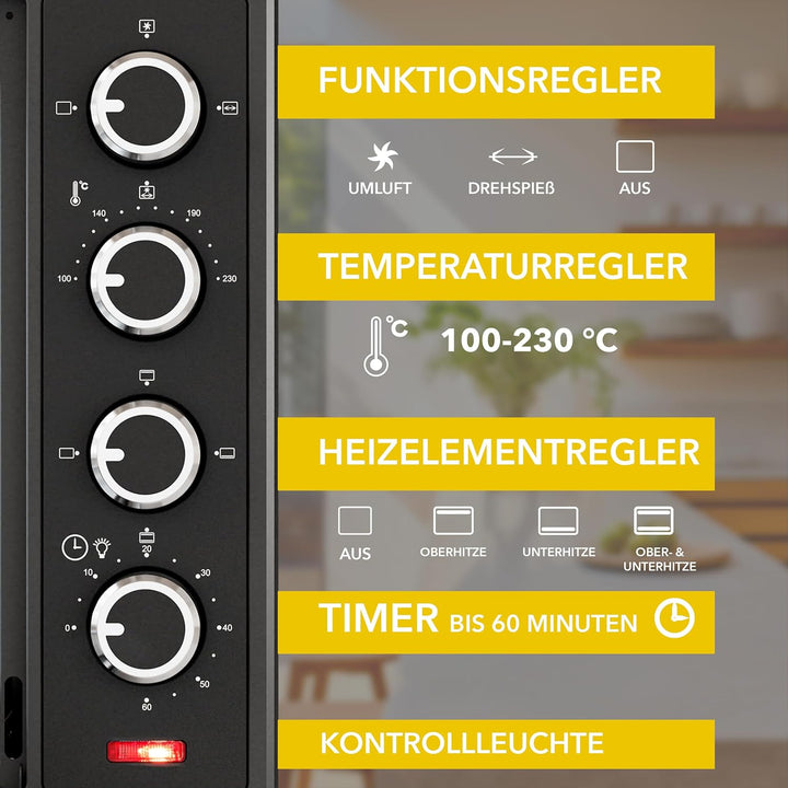 Heinrich´s Minibackofen mit Umluft 60L - Backofen klein mit Drehspiess, Airfryer-Einsatz inkl. Timer