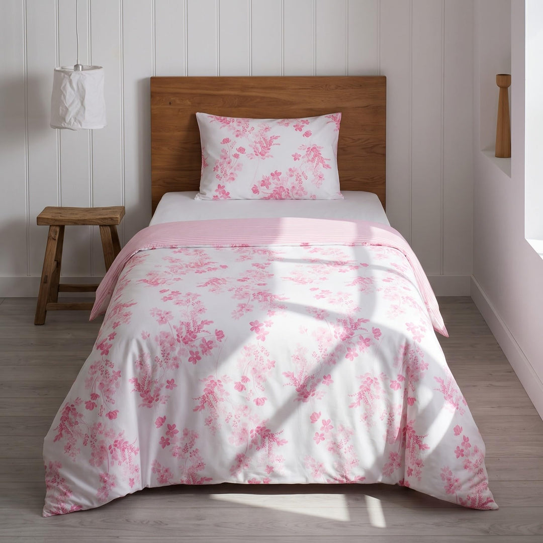 LERUUM Bettwäsche-Set 135x200 Baumwolle Reversibel Blumen Streifen Rosa Bettbezug (Rosa 135 x 200 +