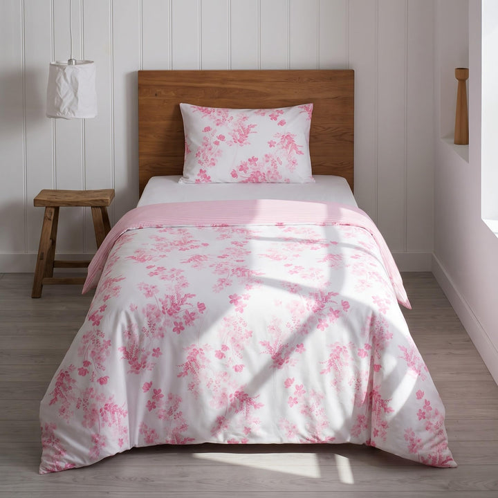 LERUUM Bettwäsche-Set 135x200 Baumwolle Reversibel Blumen Streifen Rosa Bettbezug (Rosa 135 x 200 +