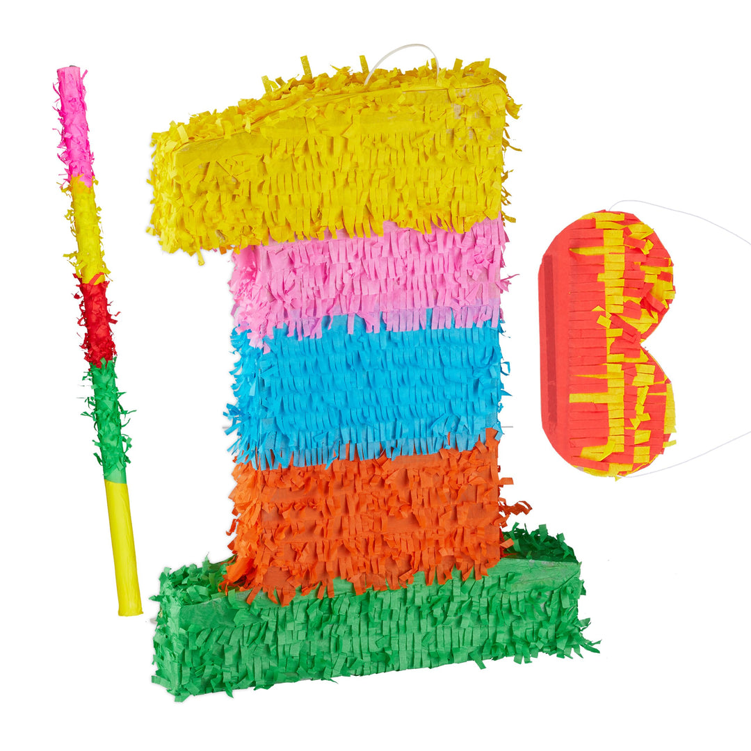Relaxdays 3 TLG. Pinata Set Geburtstag, Zahl 1, Pinatastab mit Augenmaske, Kinder &amp; Erwachsene, Piña