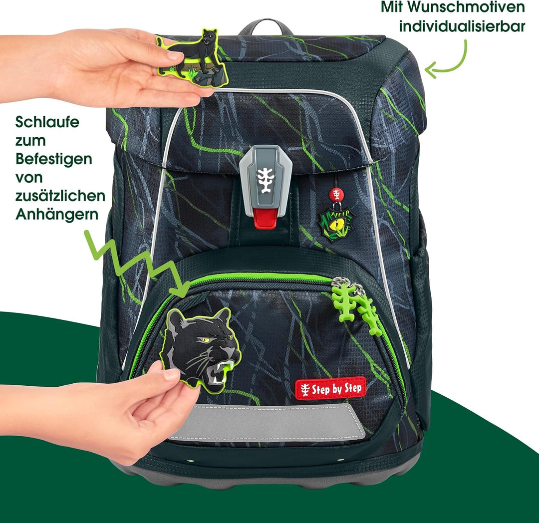 Step by Step Schulranzen-Set FIT „Danger Cat Chiko“ 5-teilig, grau-grün, Panther-Design, ergonomisch