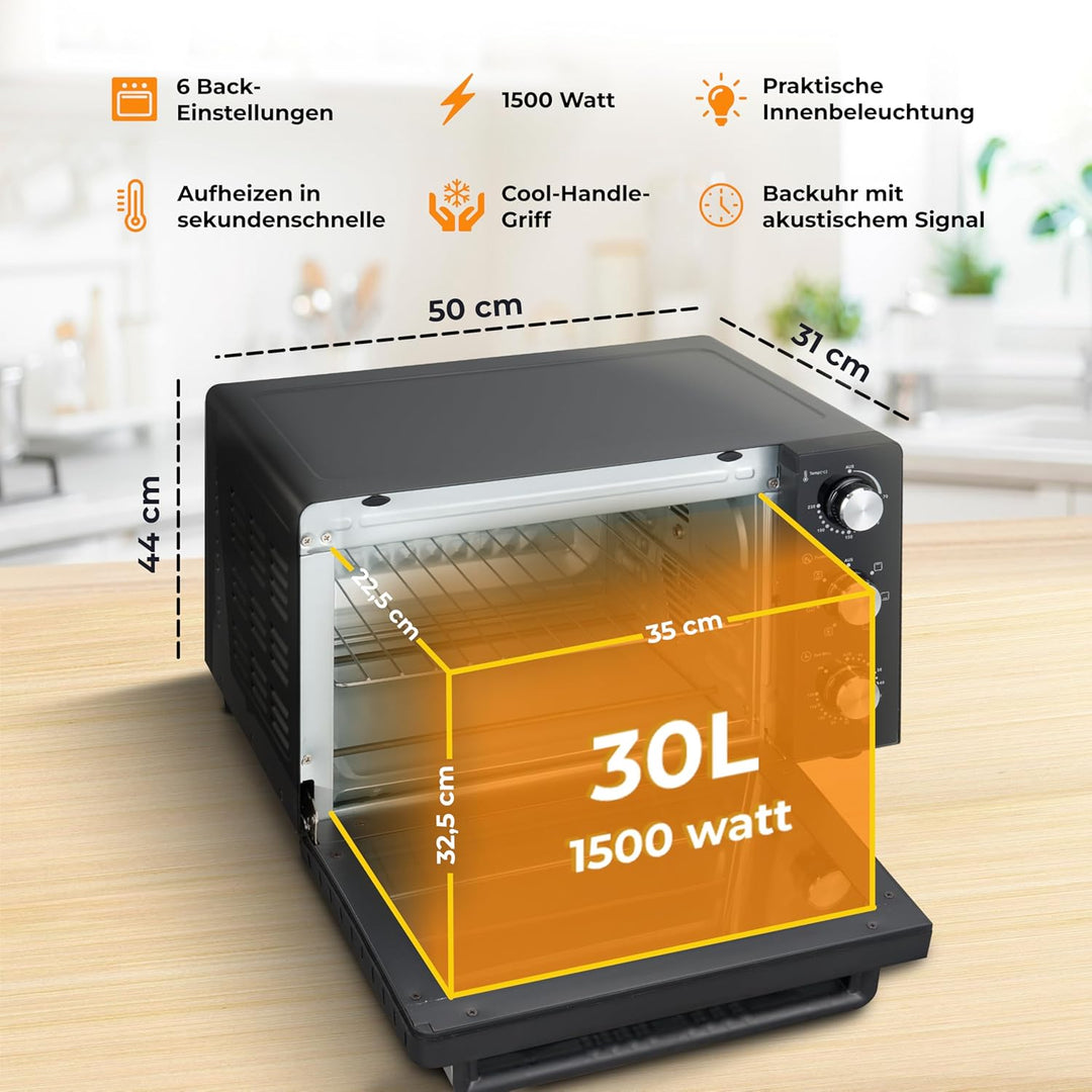 KLAMER Minibackofen mit Umluft (30 Liter), 6 Backfunktionen, 70-230°C, 120 min. Timer, Mini-Ofen ink