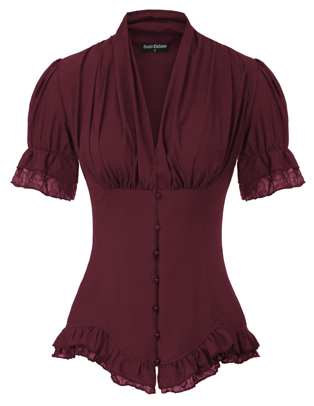 SCARLET DARKNESS Damen Rüschenbluse Mittelalter Spitzen Shirt Gothic Bluse | Kurzarm mit Rüsche, V-A