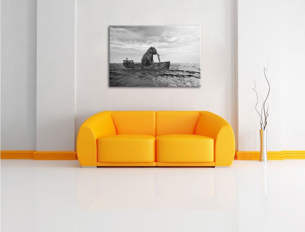 Pixxprint lustig sitzender Elefant im Boot Kunst B&W, Format: 100x70 auf Leinwand, 100x70