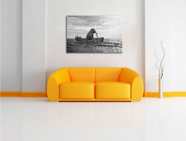 Pixxprint lustig sitzender Elefant im Boot Kunst B&W, Format: 100x70 auf Leinwand, 100x70