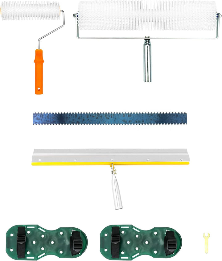QWORK® Bodenbeschichtung Set, Entlüftungswalze+Epoxid Spike Schuhe+Stehrakel Grossflächenrakel 4 Stü