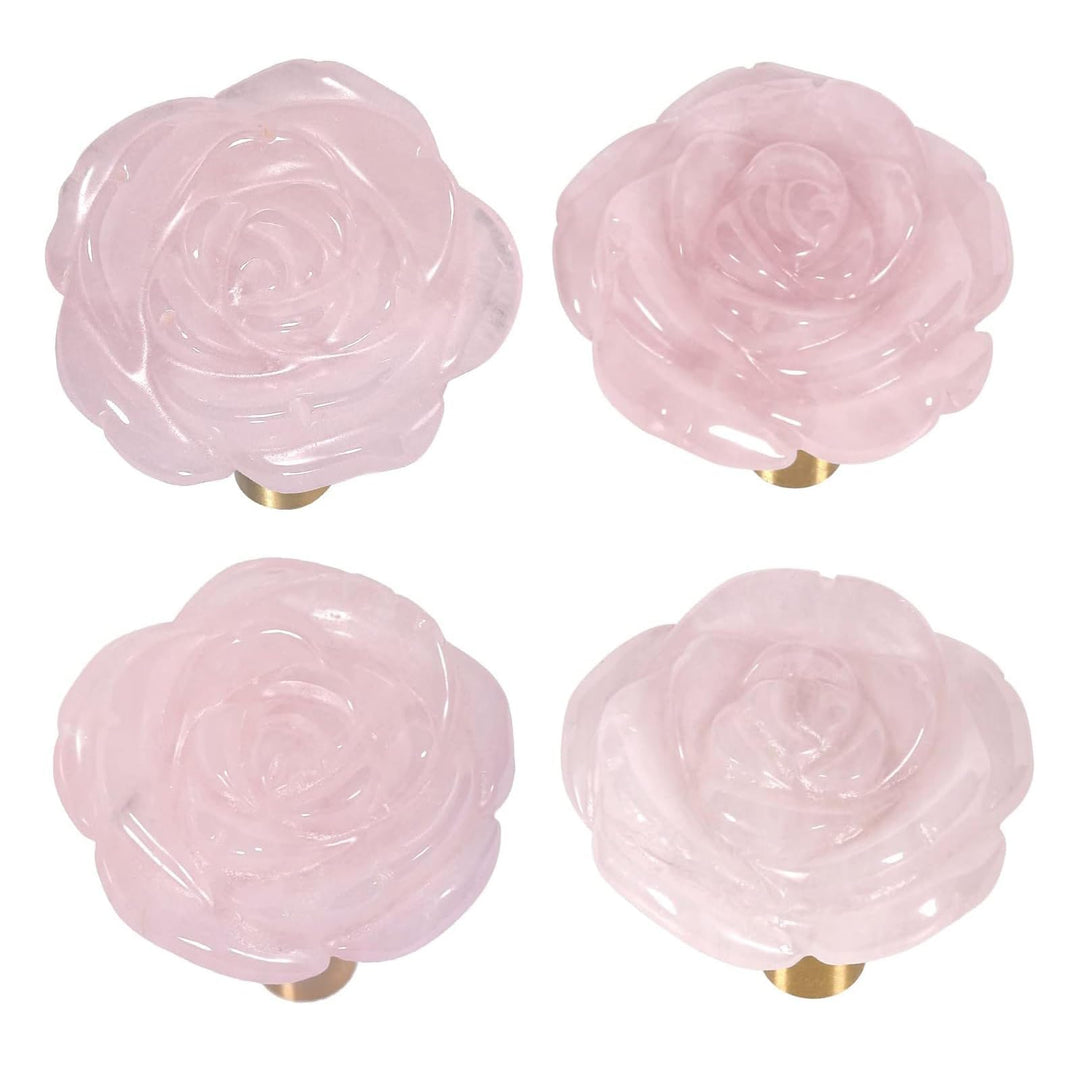 mookaitedecor Satz von 4 Rosenquarz Rose Blume Schrankknöpfe mit Schrauben, dekorative florale Möbel