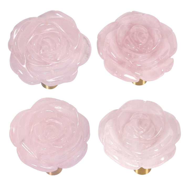 mookaitedecor Satz von 4 Rosenquarz Rose Blume Schrankknöpfe mit Schrauben, dekorative florale Möbel