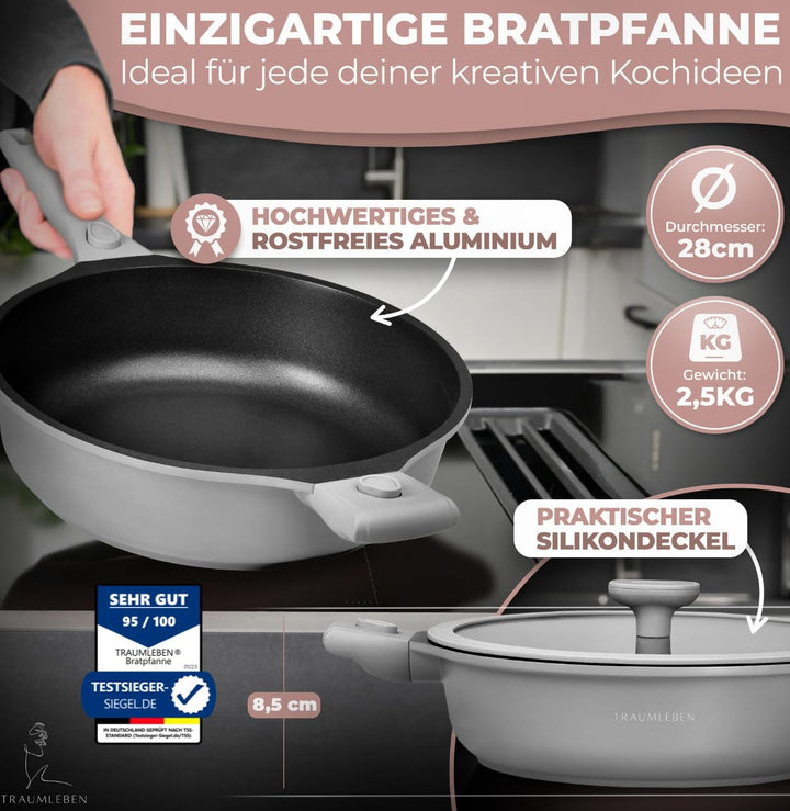 Bratpfanne 28 cm mit Deckel, abnehmbaren Griffen &amp; Antihaftbeschichtung, PFOA-frei, für Induktion ge