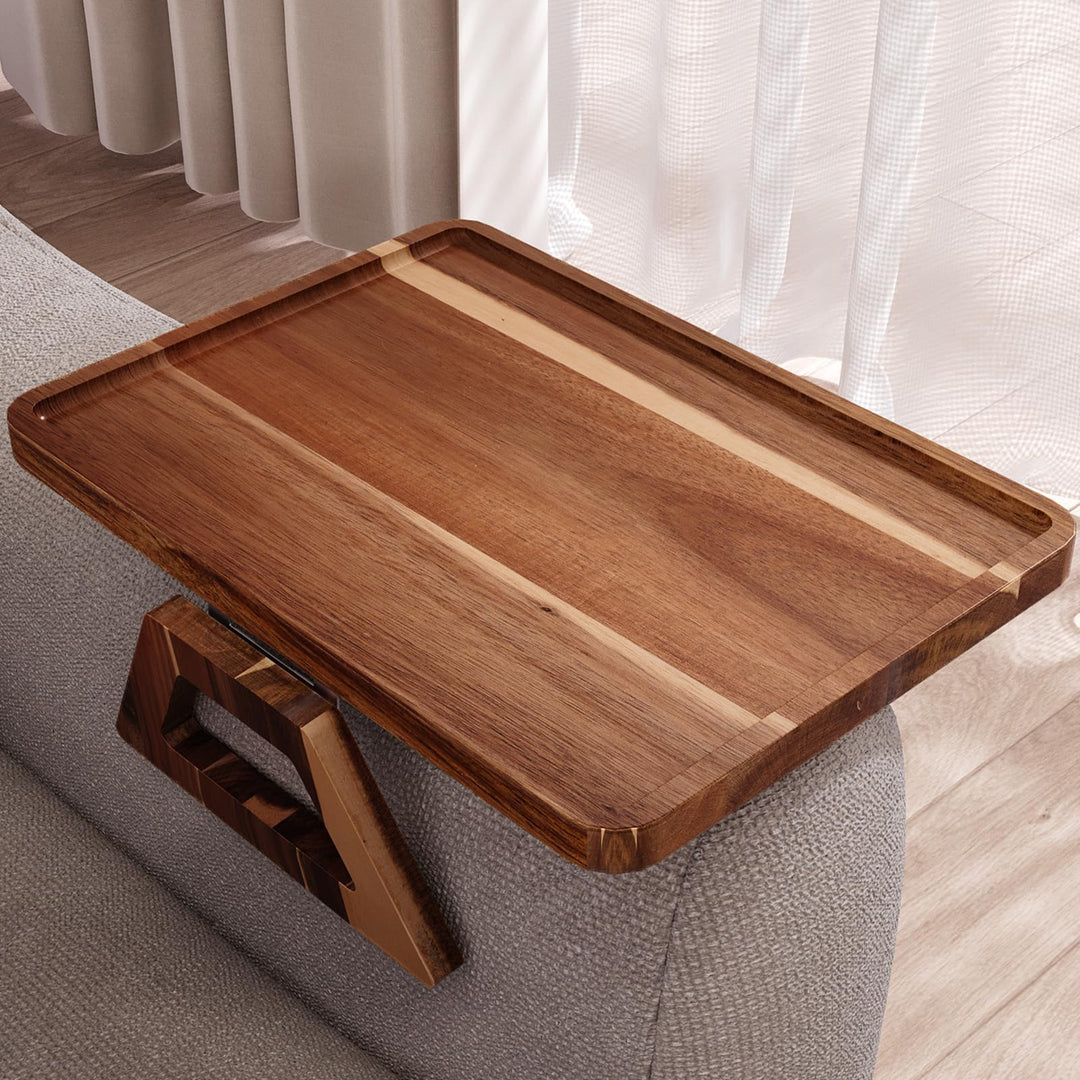 Fibogollo Akazienholz Sofatablett Armlehne,Festclip Couch Tablett Armlehnen Tray für Snacks,Handy,Co