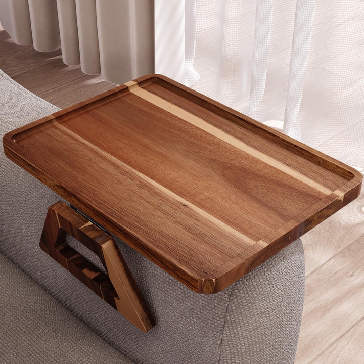 Fibogollo Akazienholz Sofatablett Armlehne,Festclip Couch Tablett Armlehnen Tray für Snacks,Handy,Co