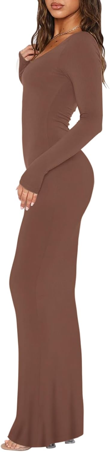 REORIA Damen Sexy U-Ausschnitt Langarm Lounge Langes Kleid Gerippte figurbetonte Maxikleider S Kaffe