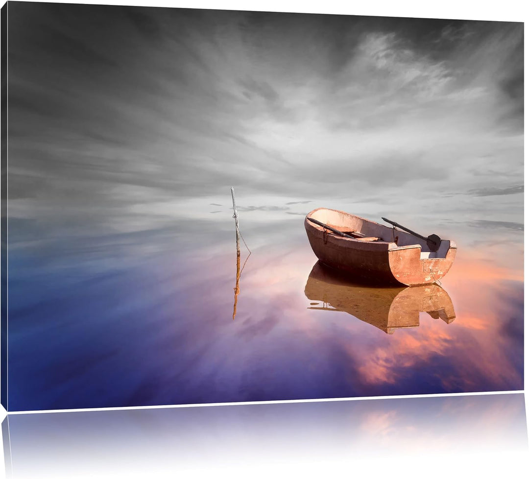 Pixxprint Einsames Boot auf See als Leinwandbild/Grösse: 100x70 cm/Wandbild/Kunstdruck/fertig bespan