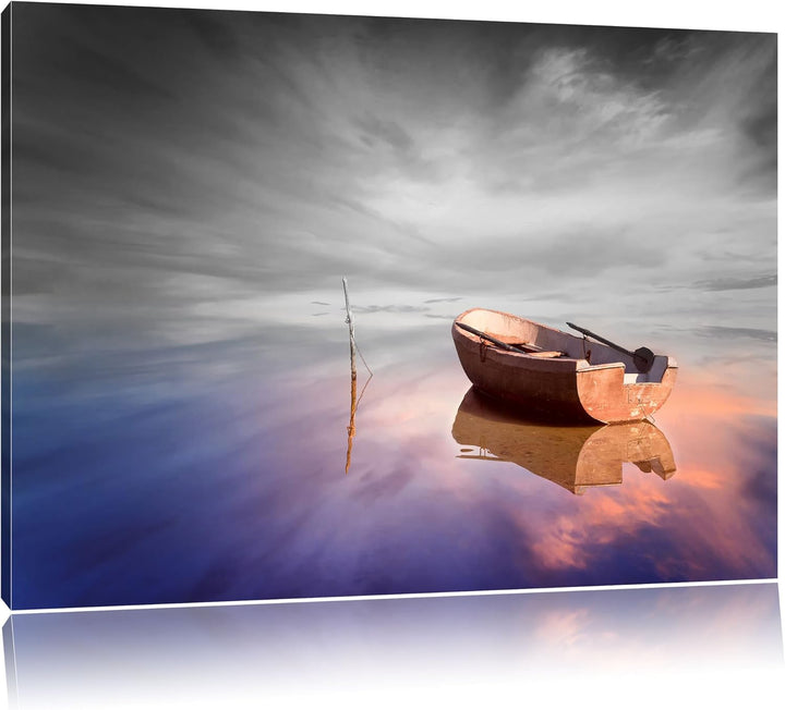 Pixxprint Einsames Boot auf See als Leinwandbild/Grösse: 100x70 cm/Wandbild/Kunstdruck/fertig bespan